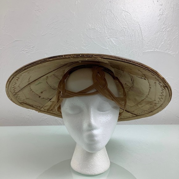 VTG Asian Wicker Bamboo Hat hand painted Gardening Beach Field Handmade SZ OSFM - Picture 5 of 12